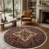 Bright modern living room with large windows and light wood floors, featuring a 6' x 6' round medallion Indian wool rug centered under a coffee table.