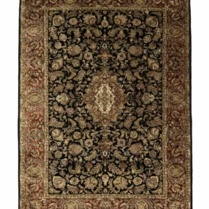 Full overhead view of a 6' x 8' 6" hand-knotted Indian wool rug with a black field, complex floral patterns, and a wide gold botanical border.