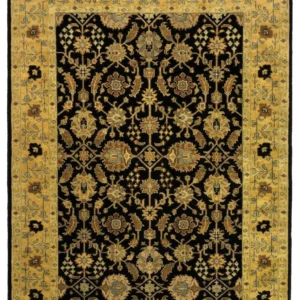 Full overhead view of a rectangular 6' x 8' 8" hand-knotted Indian wool rug with a deep black field and an ornate golden yellow floral border.