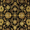 Macro shot showing the dense hand-knotted black wool pile and intricate golden floral patterns on an Indian rug.