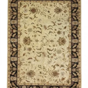 Full overhead view of a 6' x 9' hand-knotted Indian wool rug featuring an ivory field with delicate floral patterns and a wide, ornate black botanical border.