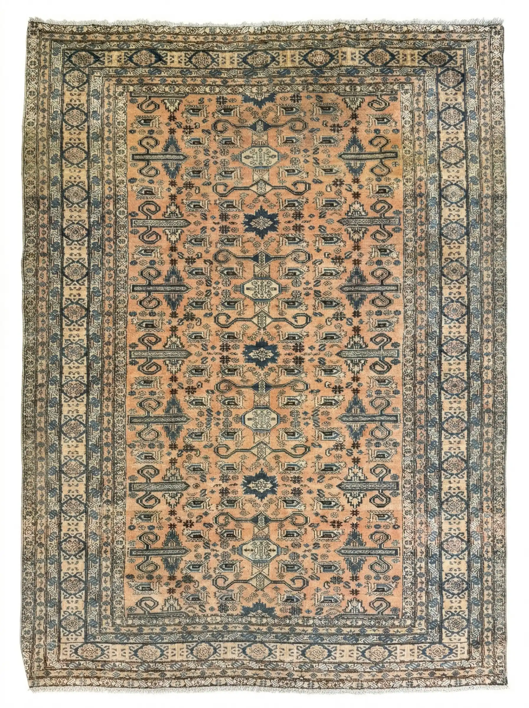 Full overhead view of a rectangular 5' 7" x 8' 2" hand-knotted Persian Ardabil wool rug with a detailed central medallion and symmetrical floral field.