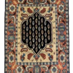 Full overhead view of a rectangular 5' 1" x 6' 7" hand-knotted Persian Shahsavar wool rug with a vibrant red field and geometric medallions.
