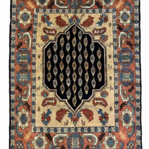 Full overhead view of a rectangular 5' 1" x 6' 7" hand-knotted Persian Shahsavar wool rug with a vibrant red field and geometric medallions.