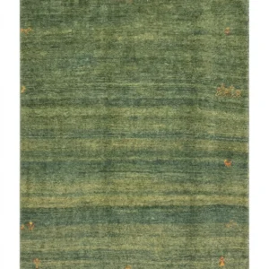 Full overhead view of a rectangular 5' 4" x 7' 7" hand-knotted Persian Gabbeh wool rug featuring a rich, tonal forest-green field with small nomadic animal motifs.