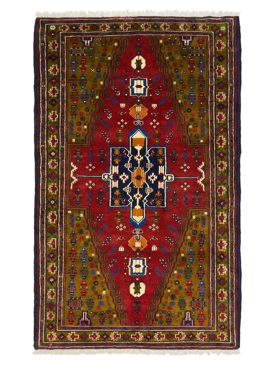 Full overhead view of a 4' 5" x 9' 3" hand-knotted Persian Koliai wool rug featuring a large stepped hexagonal medallion on a vibrant red and olive-gold field.
