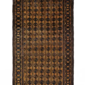 Full overhead view of a 4' 7" x 8' 8" hand-knotted Persian Lori wool rug with three central geometric medallions on a rich red field.