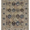Full overhead view of a 5' 8" x 8' hand-knotted Persian Nain wool rug featuring a patchwork hexagonal design with animals and flowers in ivory, blue, and tan.