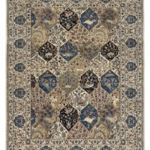 Full overhead view of a 5' 8" x 8' hand-knotted Persian Nain wool rug featuring a patchwork hexagonal design with animals and flowers in ivory, blue, and tan.