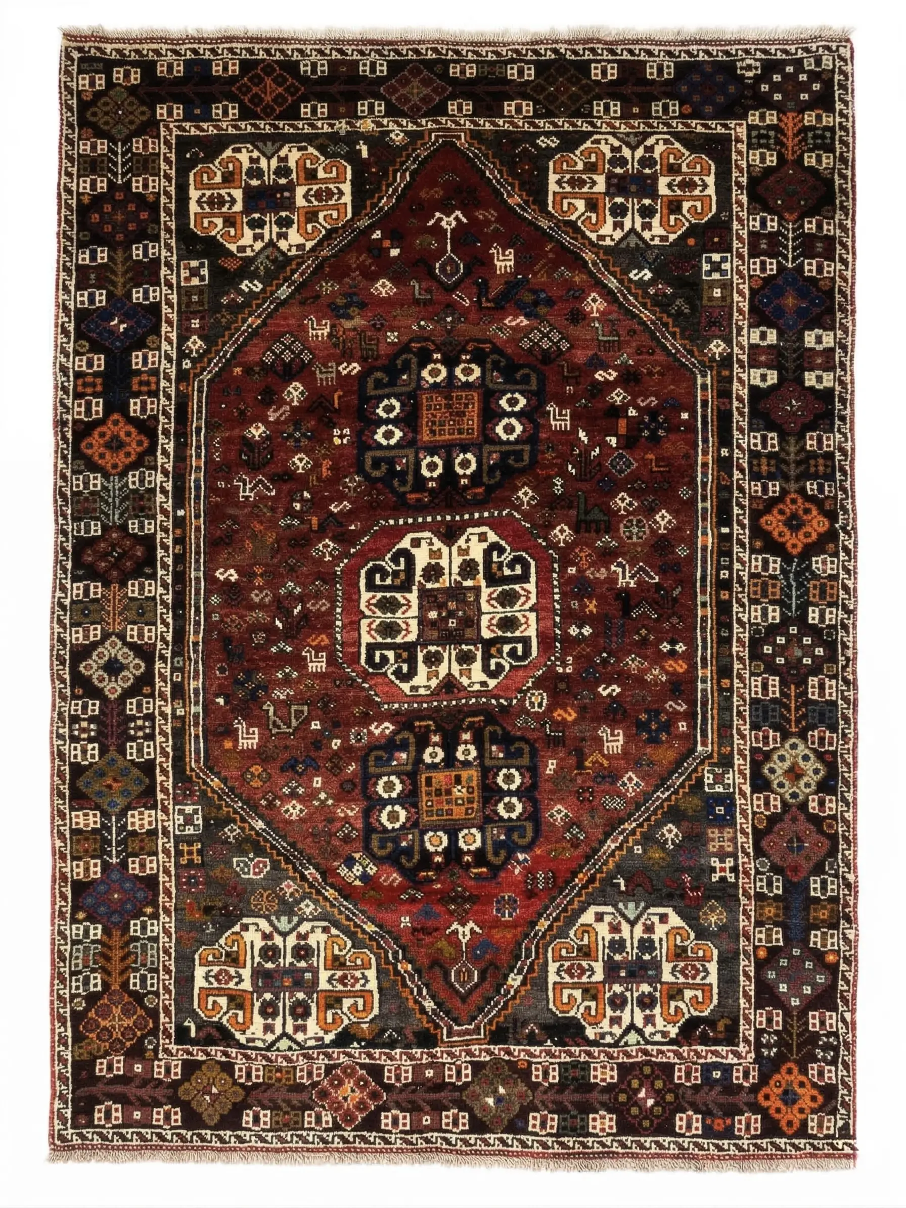 Full overhead view of a rectangular 5' 5" x 7' 8" hand-knotted Persian Qashqai wool rug with three large central medallions on a deep red and navy field.