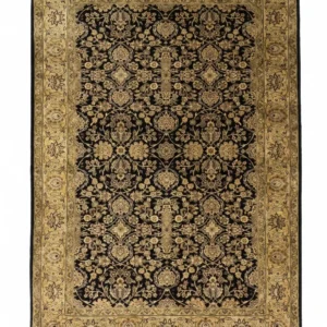 Full overhead view of a 5' 8" x 8' 5" hand-knotted Indian wool rug featuring a black field with dense gold and sage floral patterns and an ornate tan border.