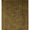 Full overhead view of a 6' 1" x 9' hand-knotted Indian wool rug featuring an all-over floral design in tonal olive and antique gold.