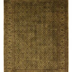 Full overhead view of a 6' 1" x 9' hand-knotted Indian wool rug featuring an all-over floral design in tonal olive and antique gold.