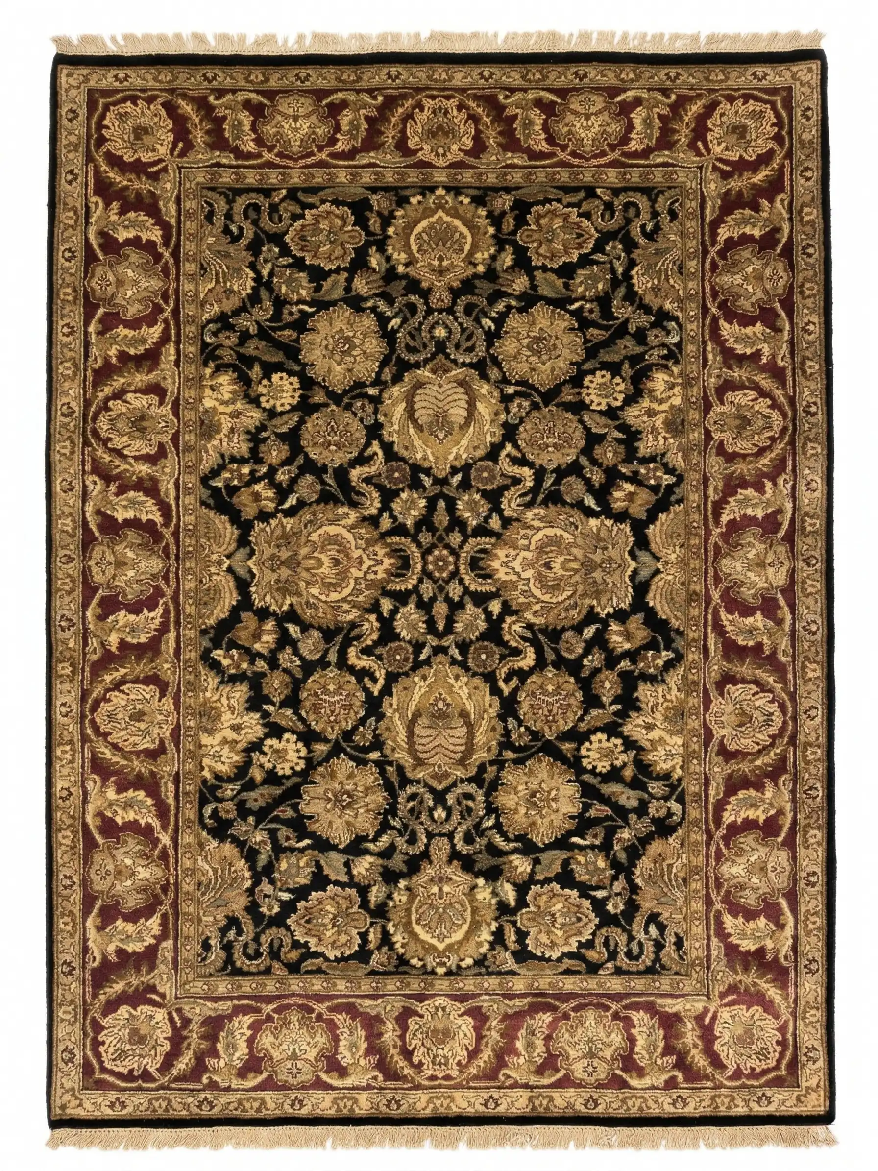 Full overhead view of a 6' x 8' 1" hand-knotted Indian wool rug with a saturated black field and an ornate burgundy-red floral border.