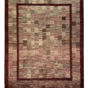 Full overhead view of a rectangular 6' 2" x 7' 1" hand-knotted Afghan Gabbeh wool rug featuring a burgundy patchwork grid field and a solid deep red border.
