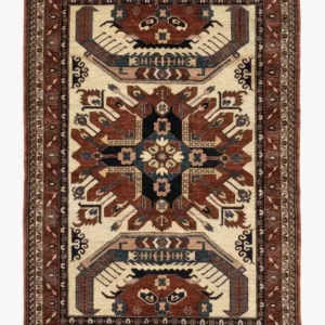 Full overhead view of a 5' 9" x 8' 3" hand-knotted Afghan Kazak wool rug featuring a large central geometric medallion on an ivory and red field.