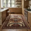 A luxurious modern kitchen with light oak cabinetry and a marble island, featuring an Afghan Kazak wool rug centered in the galley.