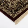 Detailed corner view of a red Indian rug showing the ornate beige botanical border with black accents and clean white hand-bound fringe.