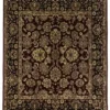 Full overhead view of a 5' 10" x 6' 3" hand-knotted Indian wool rug with a deep red field, black accents, and a wide beige botanical border.