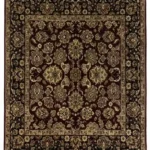 Full overhead view of a 5' 10" x 6' 3" hand-knotted Indian wool rug with a deep red field, black accents, and a wide beige botanical border.