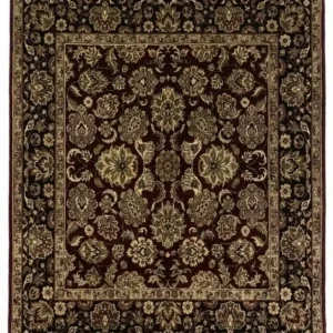 Full overhead view of a 5' 10" x 6' 3" hand-knotted Indian wool rug with a deep red field, black accents, and a wide beige botanical border.