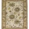 Full overhead view of a 5' 11" x 8' 1" hand-knotted Indian wool rug with a saturated black field and an ornate golden-tan floral border.
