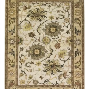 Full overhead view of a 5' 11" x 8' 1" hand-knotted Indian wool rug with a saturated black field and an ornate golden-tan floral border.