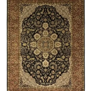 Full overhead view of a 5' 11" x 8' 10" hand-knotted Indian wool rug featuring a large cream and rust central medallion on a black field with an ornate rust border.
