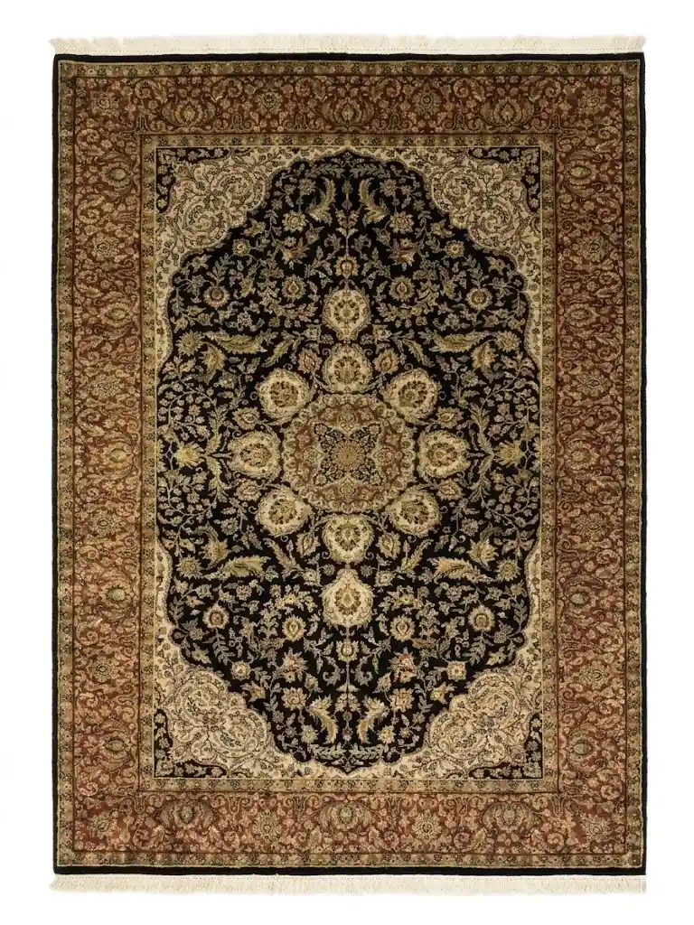 Full overhead view of a 5' 11" x 8' 10" hand-knotted Indian wool rug featuring a large cream and rust central medallion on a black field with an ornate rust border.