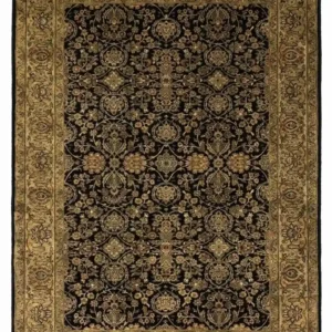 Full overhead view of a 5' 5" x 8' 7" hand-knotted Indian wool rug featuring a deep black field and an ornate terracotta-orange floral border.