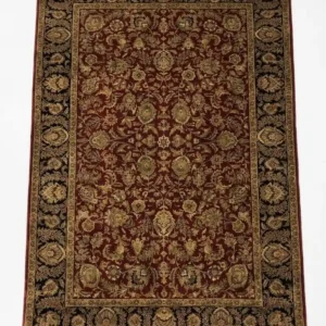 Full overhead view of a 5' 9" x 8' 8" hand-knotted Indian wool rug featuring a deep red field with intricate gold floral patterns and a wide black botanical border.