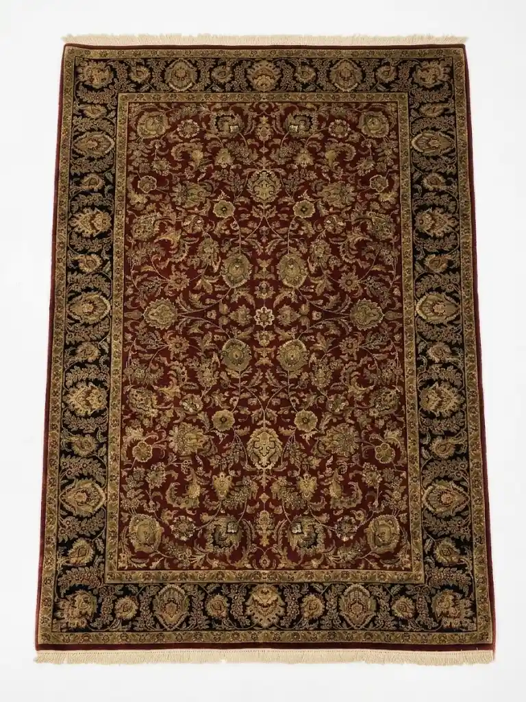 Full overhead view of a 5' 9" x 8' 8" hand-knotted Indian wool rug featuring a deep red field with intricate gold floral patterns and a wide black botanical border.