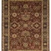 Full overhead view of a 5' x 9' hand-knotted Indian wool rug featuring a deep ruby red field with intricate gold and ivory botanical patterns and an ornate border.