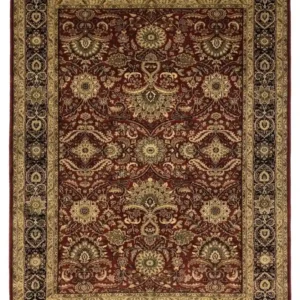 Full overhead view of a 5' x 9' hand-knotted Indian wool rug featuring a deep ruby red field with intricate gold and ivory botanical patterns and an ornate border.
