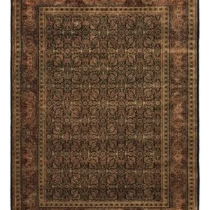 Full overhead view of a 5' x 9' hand-knotted Indian wool rug featuring an all-over floral design in tonal olive and antique gold.