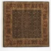 Full overhead view of a nearly square 5' x 6' 3" hand-knotted Indian wool rug with a dark tobacco brown field and intricate rust floral patterns.