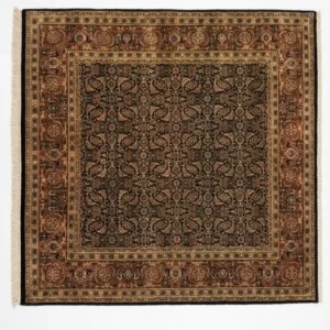 Full overhead view of a nearly square 5' x 6' 3" hand-knotted Indian wool rug with a dark tobacco brown field and intricate rust floral patterns.