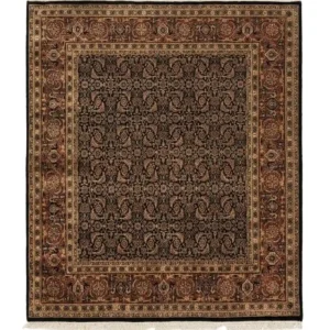 Full overhead view of a 6' 1" x 6' 2" square hand-knotted Indian wool rug with a dark tobacco brown field and an intricate rust-toned botanical border.