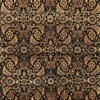 Macro shot of the dense hand-knotted wool pile showing the intricate repeating Herati pattern in rust, gold, and green on a dark brown background.