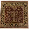 Full overhead view of a 6' 3" x 6' 6" square hand-knotted Indian wool rug with a rich crimson red field and an ornate black botanical border.