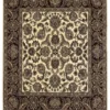 Full overhead view of a nearly square 6' x 6' 2" hand-knotted Indian wool rug with a bright ivory field and a wide, dark chocolate brown botanical border.