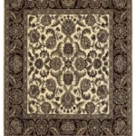 Full overhead view of a nearly square 6' x 6' 2" hand-knotted Indian wool rug with a bright ivory field and a wide, dark chocolate brown botanical border.