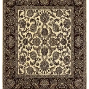 Full overhead view of a nearly square 6' x 6' 2" hand-knotted Indian wool rug with a bright ivory field and a wide, dark chocolate brown botanical border.