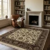 Sophisticated living room with a stone fireplace and leather armchair, featuring a 6x6 square ivory and brown Indian wool rug.