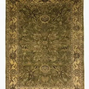 Full overhead view of a 6' x 9' 2" hand-knotted Indian wool rug featuring a bright golden-yellow field with dense floral patterns and an ornate tan border.