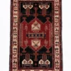 Full overhead view of a 4' 8" x 8' hand-knotted Persian Kuliai wool rug featuring a central geometric medallion on a red field with navy blue corners.
