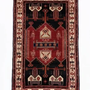Full overhead view of a 4' 8" x 8' hand-knotted Persian Kuliai wool rug featuring a central geometric medallion on a red field with navy blue corners.