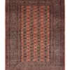 Full overhead view of a rectangular 6' 3" x 8' 1" hand-knotted Pakistan Bokhara wool rug featuring repeating black and ivory gul motifs on a salmon-coral field.