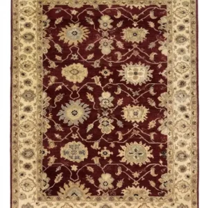 Full overhead view of a rectangular 6' x 9' hand-knotted India Chobi wool rug featuring a rich burgundy field and an ornate ivory-cream botanical border.