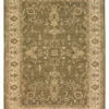 Full overhead view of a 6' x 9' hand-knotted India Chobi wool rug featuring a muted olive green field with cream and tan floral patterns.